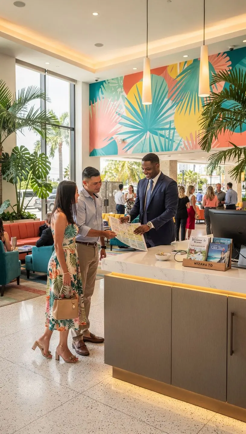 Recepcja z elementami zieleni, tworzącymi przyjemną atmosferę.