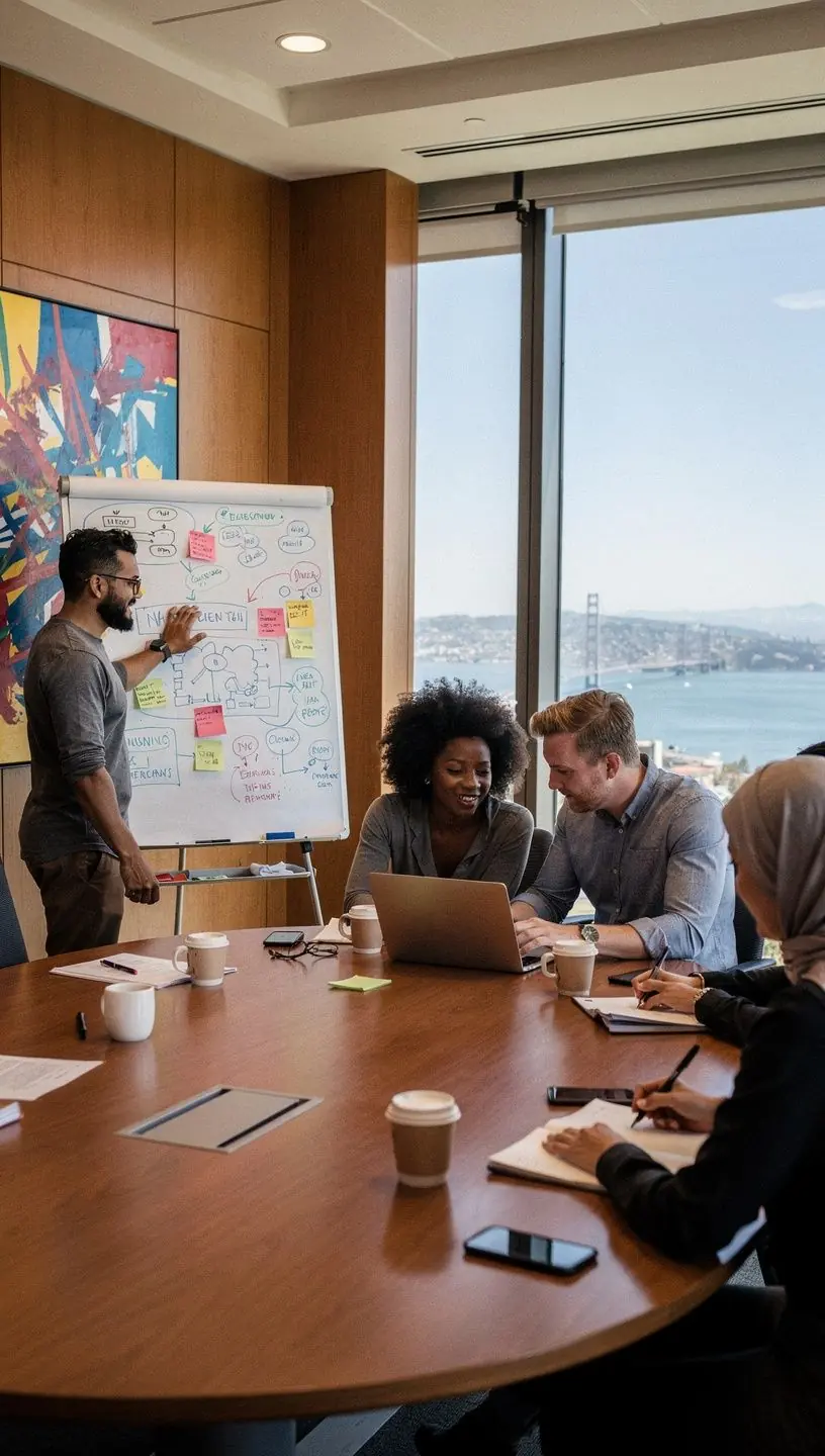 Kącik relaksacyjny w biurze z roślinami i strefą do wypoczynku dla pracowników.