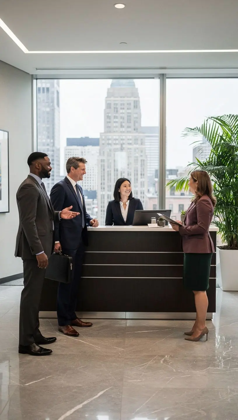 Elegancka recepcja z minimalistycznym designem i czytelnymi znakami informacyjnymi.