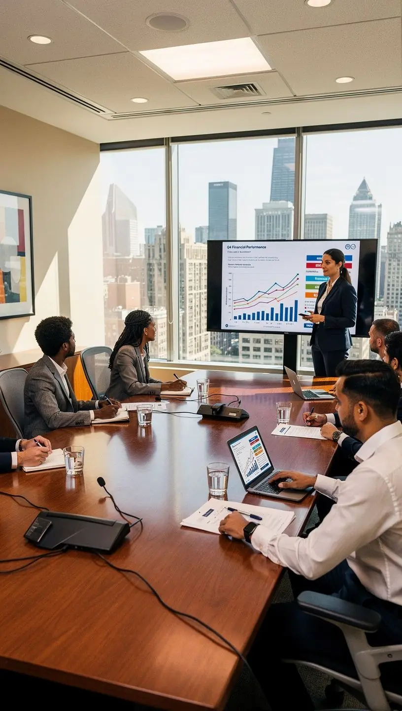 Przyjazna przestrzeń spotkań z wygodnymi fotelami i dużym ekranem do prezentacji.